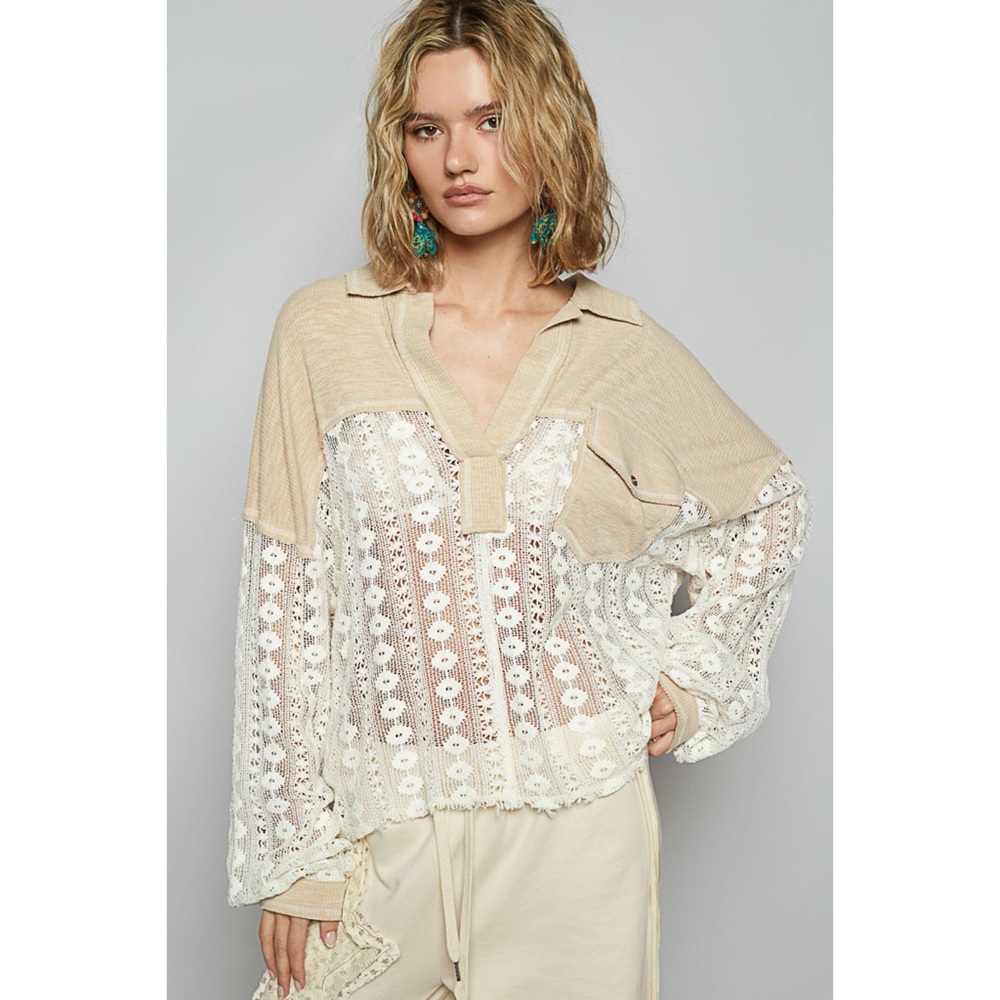 POL Beige & White Rib Knit with Lace Split Neck Top - Picture 3 of 12